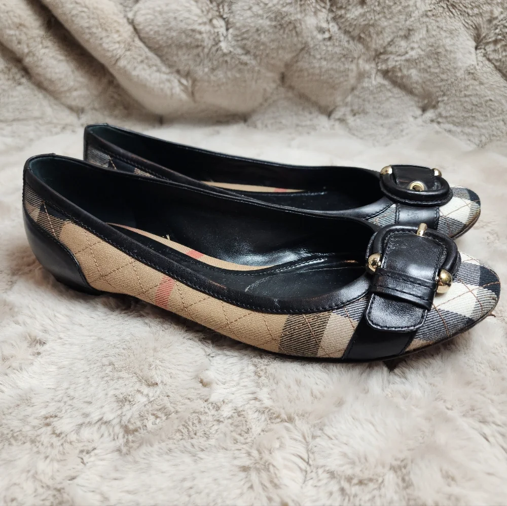 Burberry Beige Quilted Nova Check Canvas Leather Buckle Ballet Flats Shoes EU 39